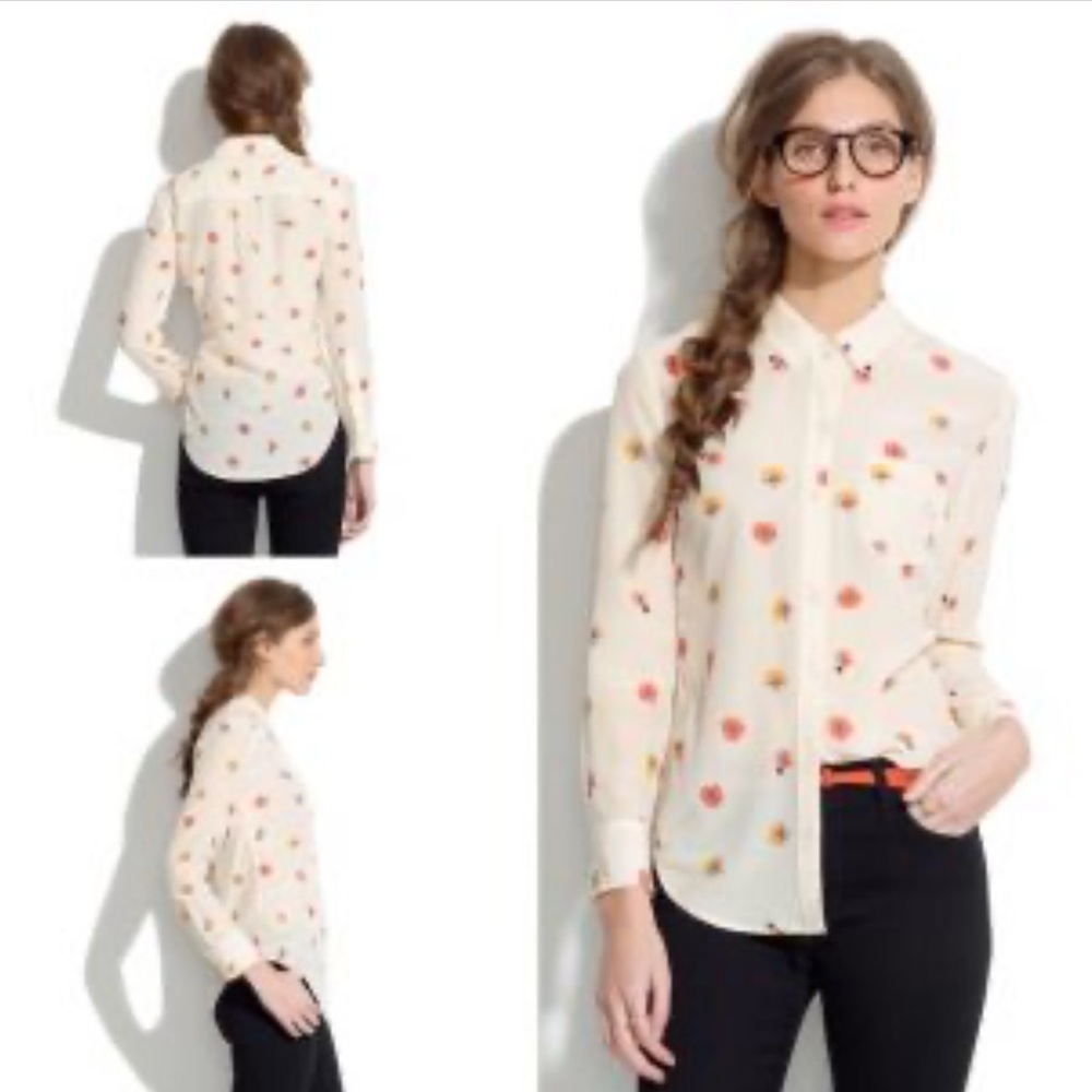 Madewell Cream 100% Silk Blouse with Orange Yellow Floral Size Small